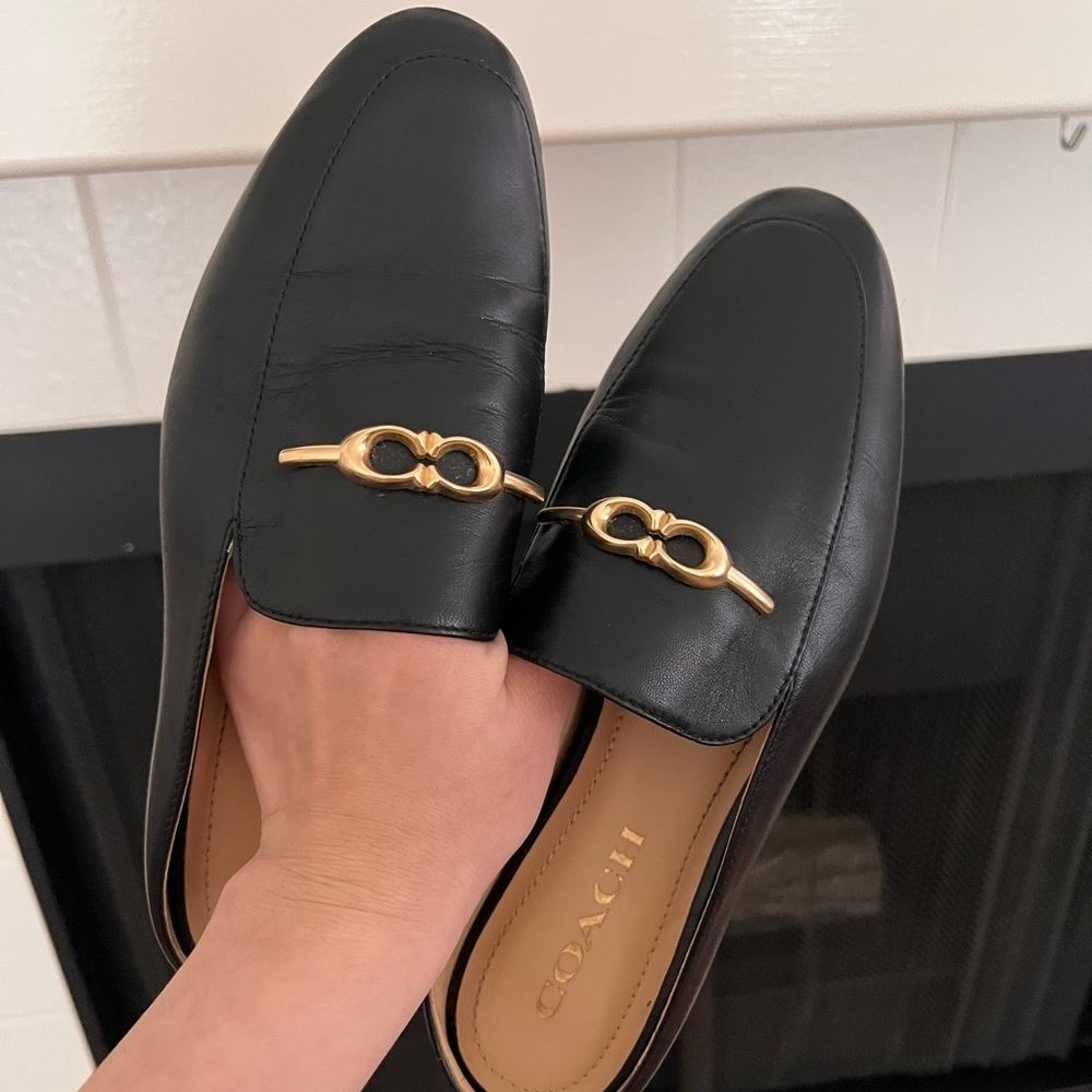 Coach Black Leather Loafers with Gold Accent